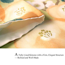 將圖片載入圖庫檢視器 Ready-to-Wear Washable Komon Kimono for Women, Fully Lined Polyester, Light Yellow Green with Camellia &amp; Plum Blossoms – A Sophisticated Komon with Soft Spring Charm
