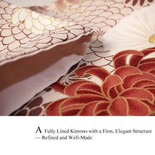 画像をギャラリービューアに読み込む, Ready-to-Wear Washable Komon Kimono for Women, Fully Lined Polyester, Beige with Bold Chrysanthemum Motif and Gold Accents – Elegant and Luxurious Japanese Kimono
