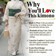 画像をギャラリービューアに読み込む, Ready-to-Wear Washable Komon Kimono for Women, Fully Lined Polyester, Beige Exotic Paisley with Lily, Orchid &amp; Dianthus Accents – A Sophisticated Retro-Inspired Kimono
