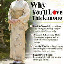 画像をギャラリービューアに読み込む, Ready-to-Wear Washable Komon Kimono for Women, Fully Lined Polyester, Beige with Elegant Peony Line Art &amp; Gold Accents – A Sophisticated Komon Kimono
