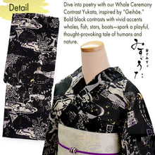 画像をギャラリービューアに読み込む, Lightweight Cotton Yukata for Women, Bold black base, Whales, waves, stars, fish and birds pattern – Inspired by Kaneko Misuzu’s Poetry, Summer Japanese Kimono Robe
