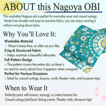 画像をギャラリービューアに読み込む, Women&#39;s Washable Nagoya Obi (Blue-Green with Floral &amp; Arabesque Motif)
