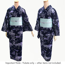 画像をギャラリービューアに読み込む, Lightweight Cotton Yukata for Women, Deep Indigo base, Whales, waves, stars, fish and birds pattern – Inspired by Kaneko Misuzu’s Poetry, Summer Japanese Kimono Robe
