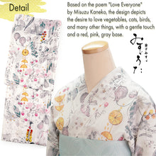 將圖片載入圖庫檢視器 Lightweight Cotton Yukata for Women, red, pink, gray base, vegetables, cats, birds pattern– Inspired by Kaneko Misuzu’s Poetry, Summer Japanese Kimono Robe
