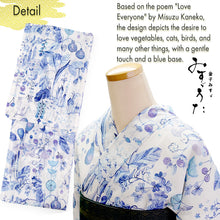 將圖片載入圖庫檢視器 Lightweight Cotton Yukata for Women, blue base, vegetables, cats, birds pattern– Inspired by Kaneko Misuzu’s Poetry, Summer Japanese Kimono Robe
