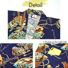 画像をギャラリービューアに読み込む, Men&#39;s Happi Coat: Kimono Robe - Navy Blue , Black base, Samurai helmet , Ushiwakamaru &amp; Benkei, Fans, Castle, Mt. Fuji, Japanese Script
