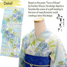 將圖片載入圖庫檢視器 Lightweight Cotton Yukata for Women, grayish blue base, roses Flowers pattern– Inspired by Kaneko Misuzu’s Poetry, Summer Japanese Kimono Robe

