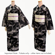 画像をギャラリービューアに読み込む, Lightweight Cotton Yukata for Women, Bold black base, Whales, waves, stars, fish and birds pattern – Inspired by Kaneko Misuzu’s Poetry, Summer Japanese Kimono Robe
