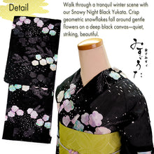 將圖片載入圖庫檢視器 Lightweight Cotton Yukata for Women, Black base, Crisp geometric snowflakes, Flower pattern – Inspired by Kaneko Misuzu’s Poetry, Summer Japanese Kimono Robe

