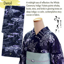 画像をギャラリービューアに読み込む, Lightweight Cotton Yukata for Women, Deep Indigo base, Whales, waves, stars, fish and birds pattern – Inspired by Kaneko Misuzu’s Poetry, Summer Japanese Kimono Robe
