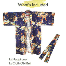 画像をギャラリービューアに読み込む, Men&#39;s Happi Coat: Kimono Robe - Navy Blue , Black base, Samurai helmet , Ushiwakamaru &amp; Benkei, Fans, Castle, Mt. Fuji, Japanese Script
