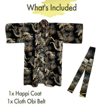 画像をギャラリービューアに読み込む, Men&#39;s Happi Coat: Kimono Robe -Black base, – Pine Needles, Dragons &amp; Hawks
