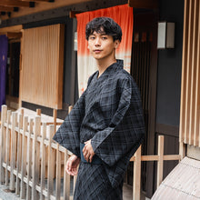 將圖片載入圖庫檢視器 Men&#39;s Yukata Cotton : Black with Checkered Pattern Yukata
