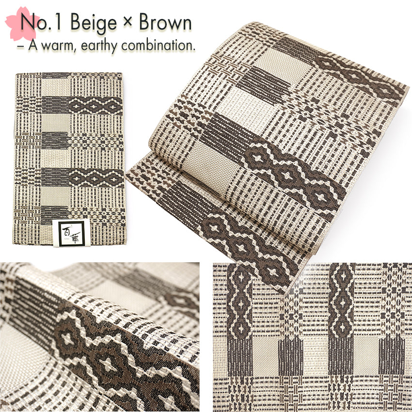 Washable Nagoya Obi (Geometric pattern),Beige ,Navy, Black – Modern Design Meets Traditional Elegance