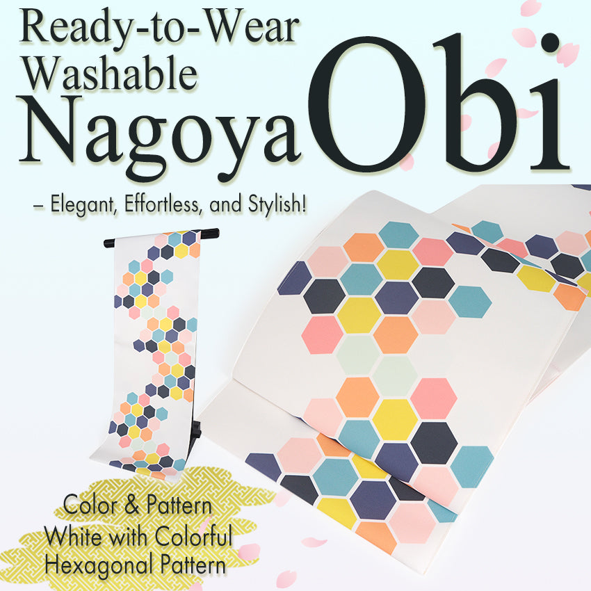 Women's Washable Nagoya Obi (White with Colorful Hexagonal Pattern)