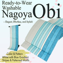 画像をギャラリービューアに読み込む, Women&#39;sWashable Nagoya Obi (White with Blue Gradient Stripes &amp; Patterned Motifs)
