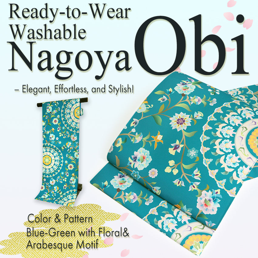 Women's Washable Nagoya Obi (Blue-Green with Floral & Arabesque Motif)