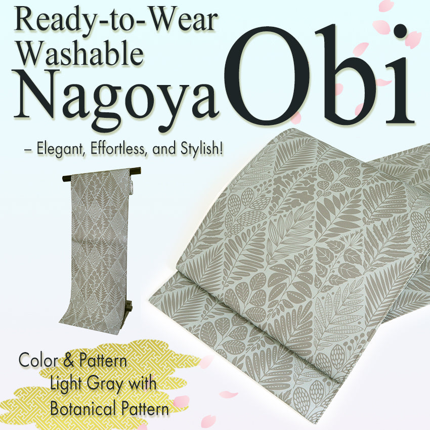 Women's  Washable Nagoya Obi (Light Gray with Botanical Pattern)