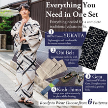 將圖片載入圖庫檢視器 Men's Yukata 4-Piece Set – Yukata, Obi Belt, Geta Sandals &amp; Waist Tie | Choose from 6 Traditional Japanese Patterns, Circle, Geometric, Hemp Leaf (Asanoha),  Seven Treasures (Shippo)

