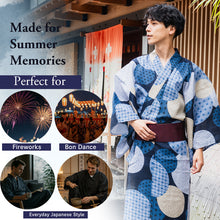 將圖片載入圖庫檢視器 Men's Yukata 4-Piece Set – Yukata, Obi Belt, Geta Sandals &amp; Waist Tie | Choose from 6 Traditional Japanese Patterns, Circle, Geometric, Hemp Leaf (Asanoha),  Seven Treasures (Shippo)
