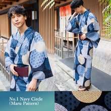 將圖片載入圖庫檢視器 Men's Yukata 4-Piece Set – Yukata, Obi Belt, Geta Sandals &amp; Waist Tie | Choose from 6 Traditional Japanese Patterns, Circle, Geometric, Hemp Leaf (Asanoha),  Seven Treasures (Shippo)
