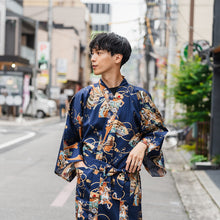画像をギャラリービューアに読み込む, Men&#39;s Happi Coat: Kimono Robe - Navy Blue , Black base, Samurai helmet , Ushiwakamaru &amp; Benkei, Fans, Castle, Mt. Fuji, Japanese Script
