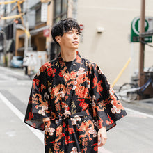 画像をギャラリービューアに読み込む, Men&#39;s Happi Coat: Kimono Robe -Black , Navy base – Dragons, Clouds &amp; Kanji Characters
