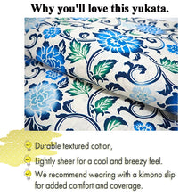 画像をギャラリービューアに読み込む, Women&#39;s Cotton Yukata, Casual Summer Kimono -Off-White Base with Blue, Green, and Navy Floral Arabesque
