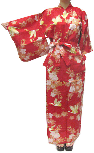 Women's Easy Yukata / Kimono Robe : Japanese Traditional Clothes - Cherry Blossoms & Crane Red