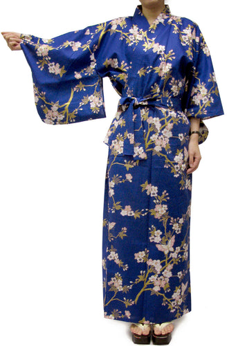 Women's Easy Yukata / Kimono Robe : Japanese Traditional Clothes - Cherry Blossoms & Butterfly Blue