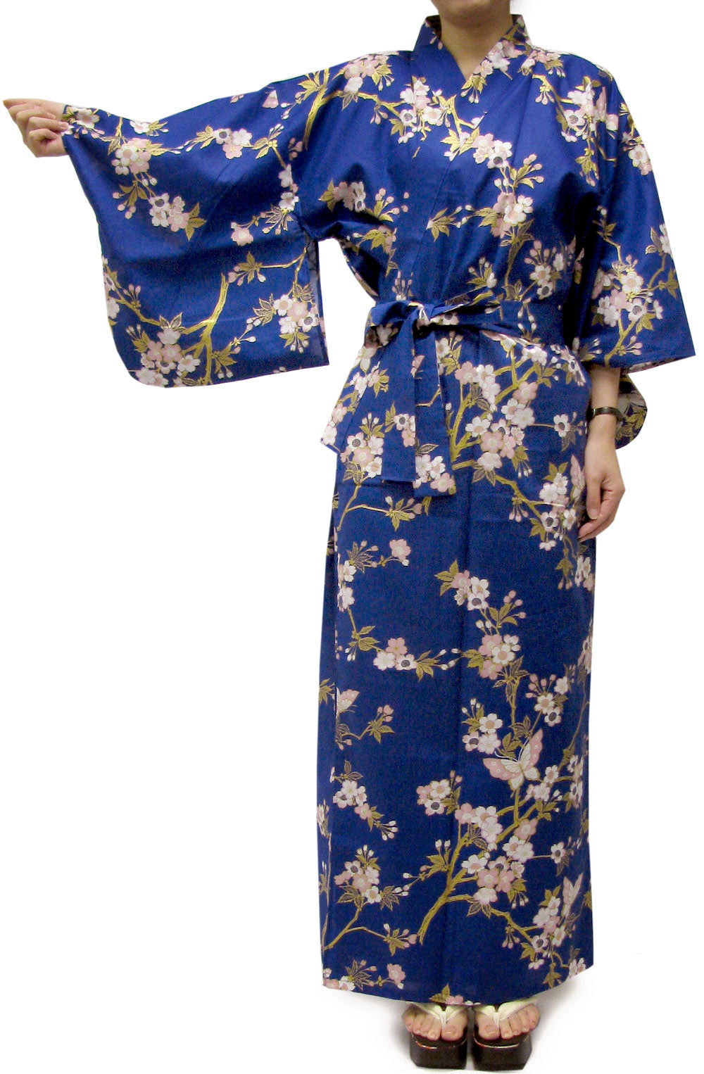 Women's Easy Yukata / Kimono Robe : Japanese Traditional Clothes - Cherry Blossoms & Butterfly Blue