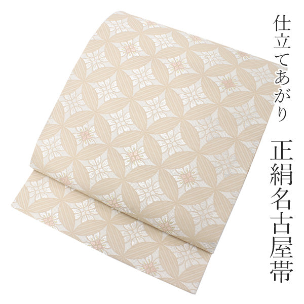 Women's Tailored Silk Nagoya Obi Belt - Light Beige ,White Cloisonne and Flowers Pattern-