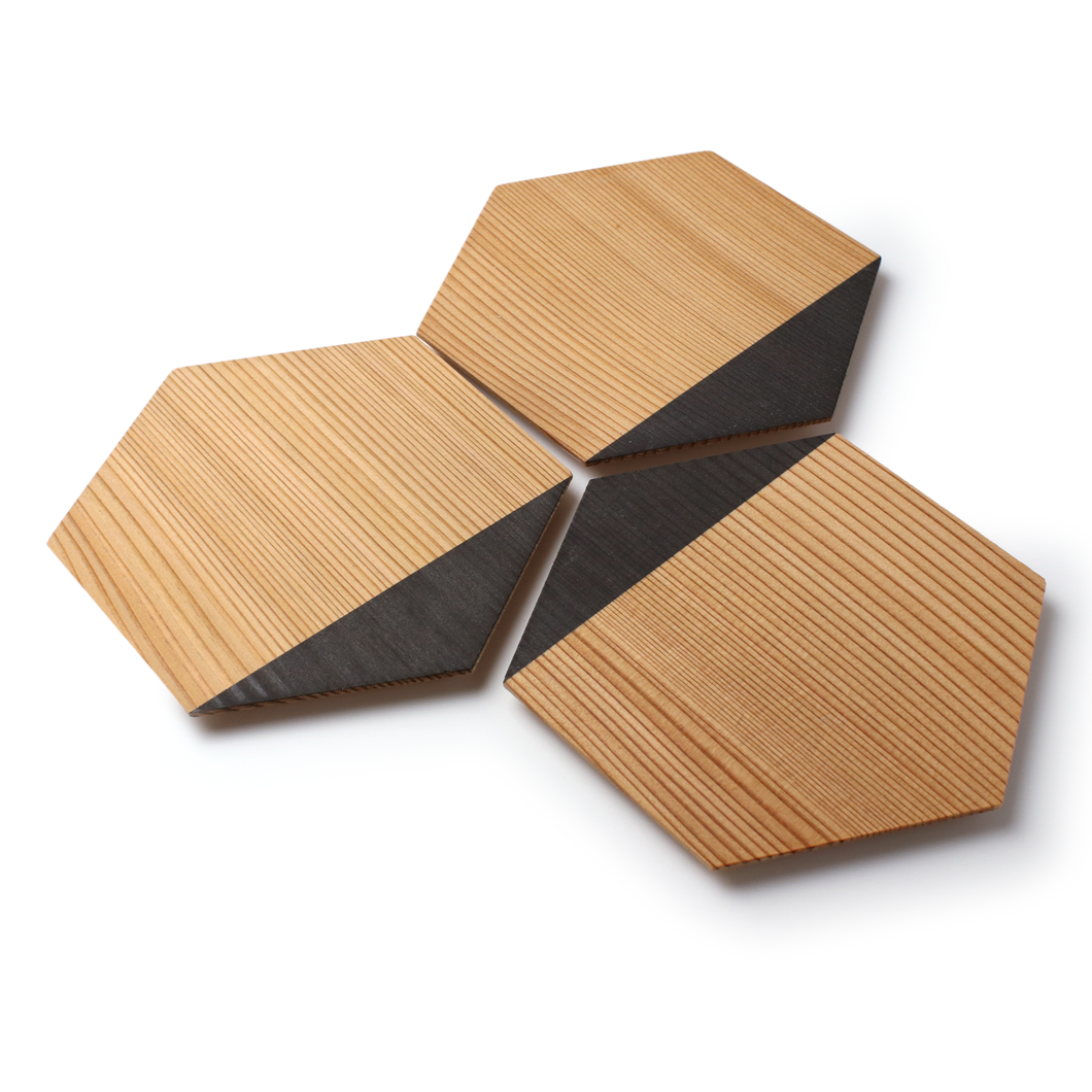 Japanese Cedar Woodcraft :Candy Dish, Hexagon, Black 3pcs
