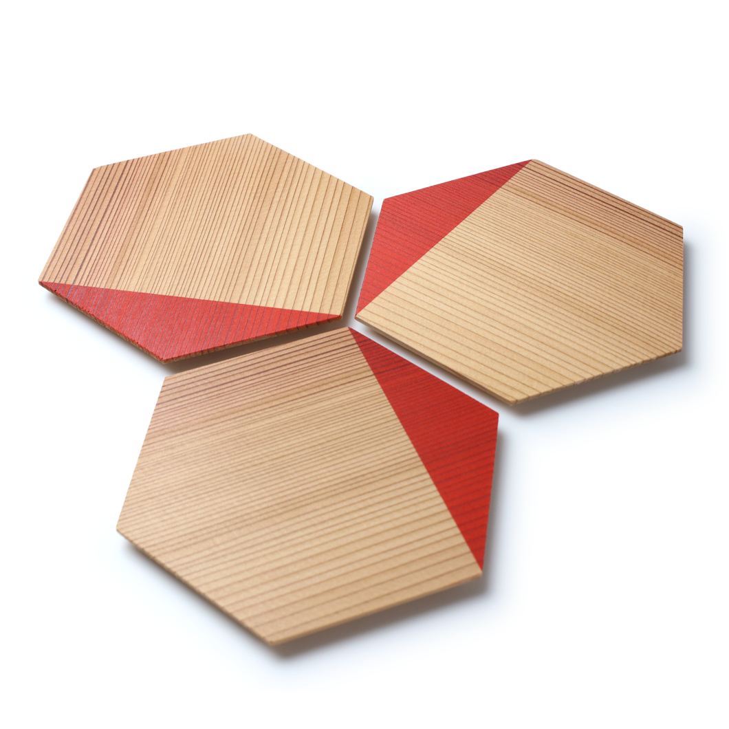 Japanese Cedar Woodcraft :Candy Dish, Hexagon,Red 3pcs