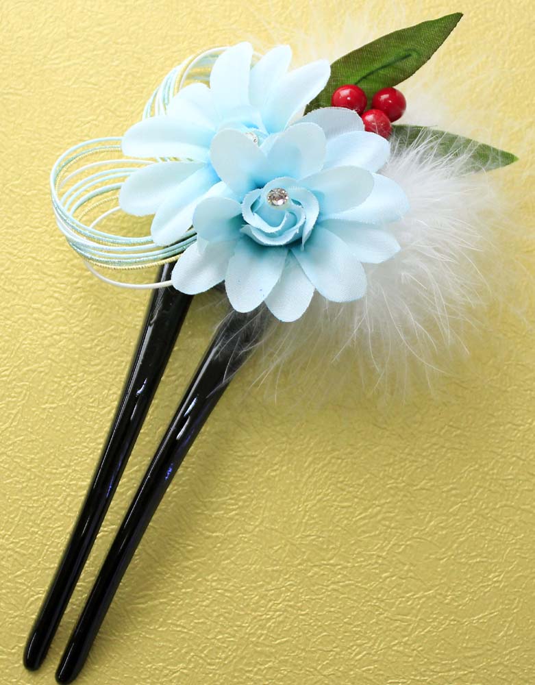 Forked Kanzashi : Japanese Traditional Hair Accessary - Mint Blue Flower