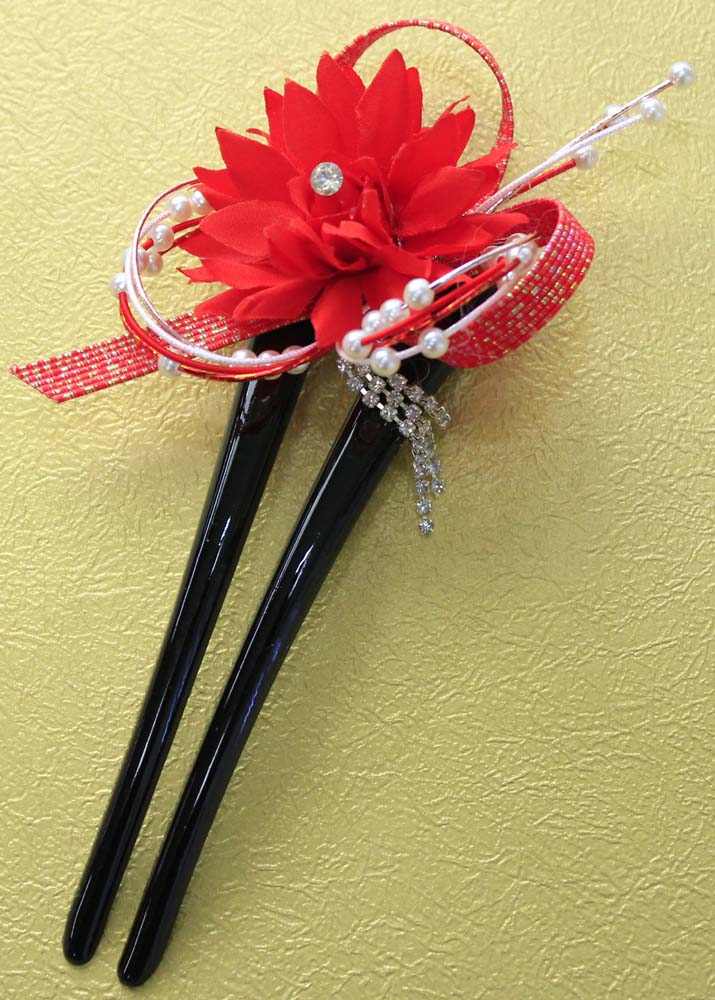 Forked Kanzashi: Japanese Traditional  Hair Accessary - Red Flower