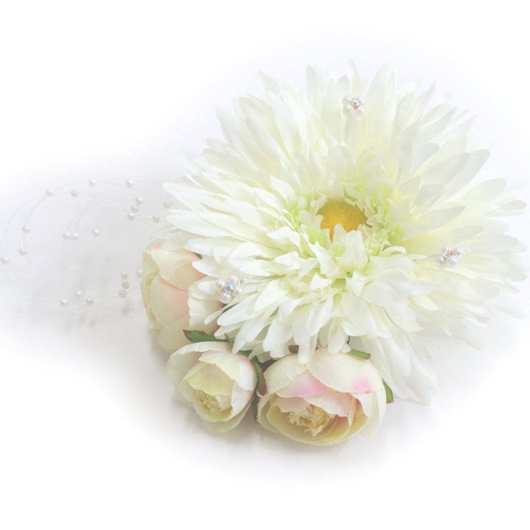 Corsage Hair Accessories Clip  for Japanese Traditional Clothes   - White Gerbera and Rose Clip Pin approx. 18cm ×12cm