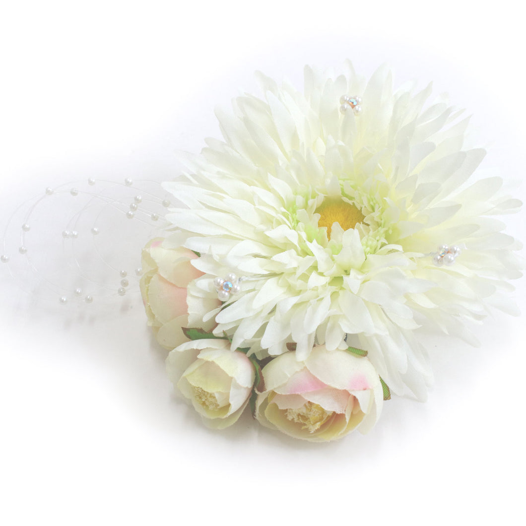 Corsage Hair Accessories Clip  for Japanese Traditional Clothes   - White Gerbera and Rose Clip Pin approx. 18cm ×12cm 