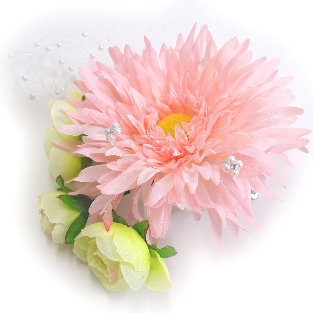 Corsage Hair Accessory Clip for Japanese Traditional Clothes  - Pink Gerbera and Rose