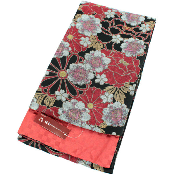 Ladies' Japanese Kimono Fukuro-Obi - Formal Black Chrysanthemum Cherry blossom