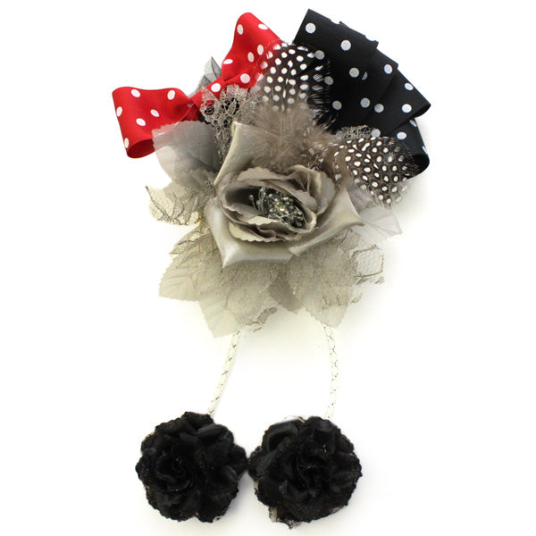 Hair Comb Accessory for Japanese Traditional Clothes - Gray Rose with Dot Ribbon