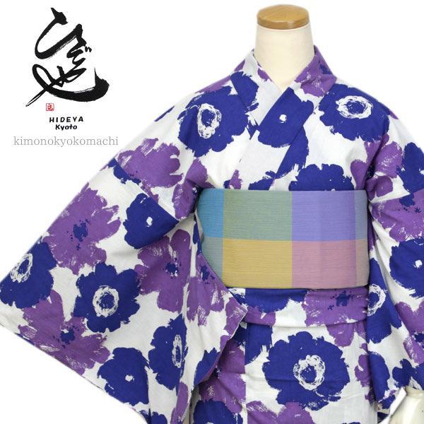 Women's Yukata : Japanese Traditional Clothes Chirimen - White Blue Purple Painting Flower