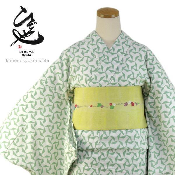 Women's Yukata : Japanese Traditional Clothes  Chirimen - White Green Triangle Geometric