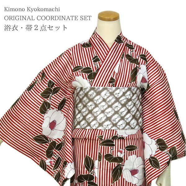 Ladies' Yukata Hanhaba-Obi 2 Items Set :Japanese Traditional Clothes  - Red Stripe Camellia