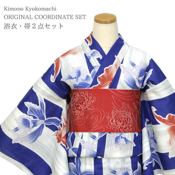 Ladies' Yukata Hanhaba-Obi Set :Japanese Traditional Clothes  - Blue Stripe JUNKO KOSHINO