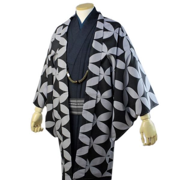 Men's Kimono Haori Jacket Obi Haori String 4 Item Set: Japanese Traditional Clothes - Black Gray Cloisonne