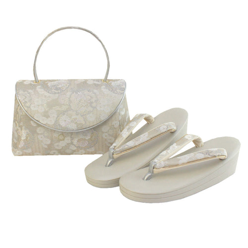 Formal Bag Zori Set : for Japanese Traditional Clothes- Silver Goldern Chrysanthemum Iris