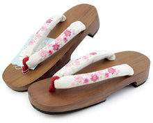 Load image into Gallery viewer, Women&#39;s Paulownia Geta(Japanese Sandals) for Japanese Traditional Kimono/Yukata: Brown Coating stand white cloth blossom embroidery Clog thong 23.0 - 24.5cm
