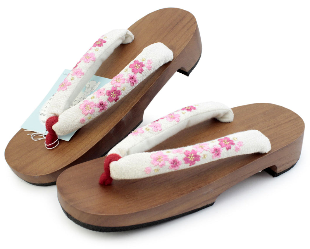 Women's Paulownia Geta(Japanese Sandals) for Japanese Traditional Kimono/Yukata: Brown Coating stand white cloth blossom embroidery Clog thong 23.0 - 24.5cm