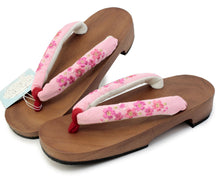 Load image into Gallery viewer, Women&#39;s Paulownia Geta(Japanese Sandals) for Japanese Traditional Kimono/Yukata: Brown Coating stand pink cloth blossom embroidery Clog thong 23.0 - 24.5cm
